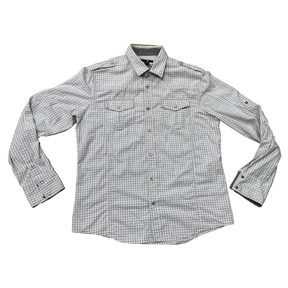 TWOGE Pearl Snap Shirt Men M Gray Check Plaid Western 2 Pocket Military Y2k